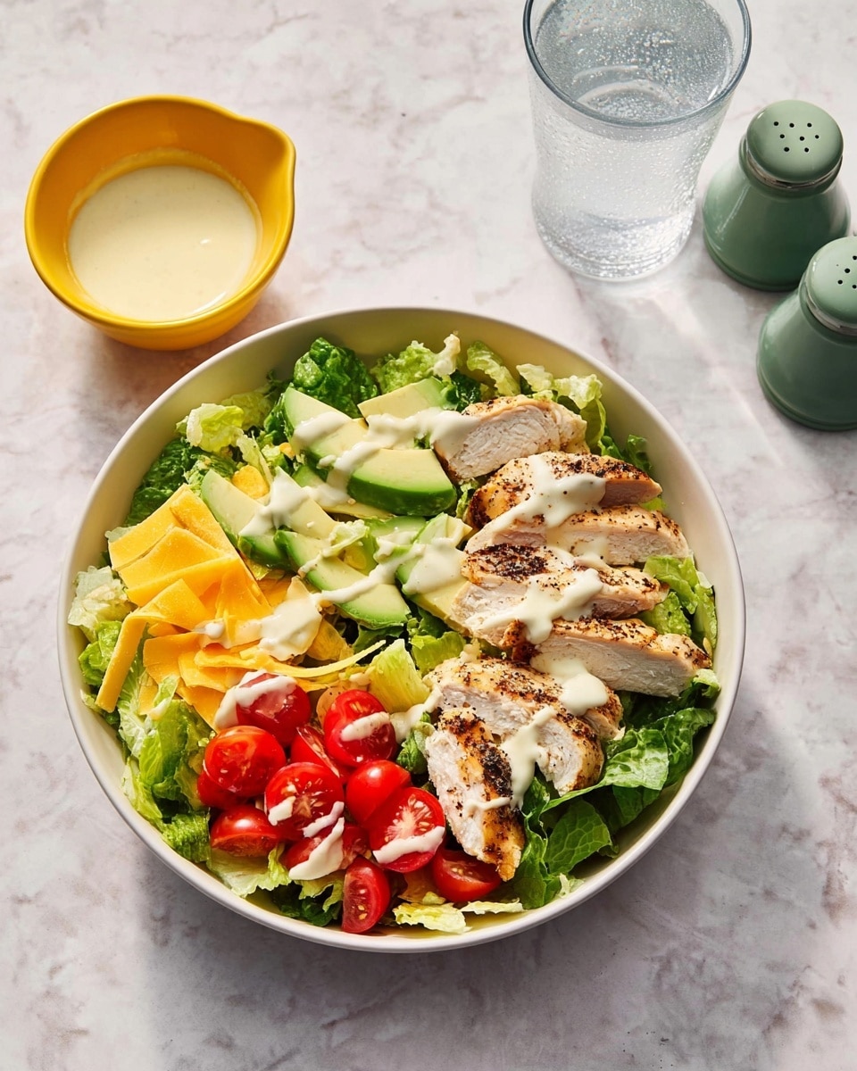 A white bowl holds a fresh salad layered with dark green romaine lettuce at the base, topped with sliced grilled chicken pieces that have a light brown seasoning crust. Bright red cherry tomatoes, some halved, sit on one side, while soft green avocado slices and shredded yellow cheddar cheese are arranged on the other side. The salad is drizzled with a creamy white dressing and sprinkled with small green onion rings, all set on a white marbled surface. photo taken with an iphone --ar 4:5 --v 7