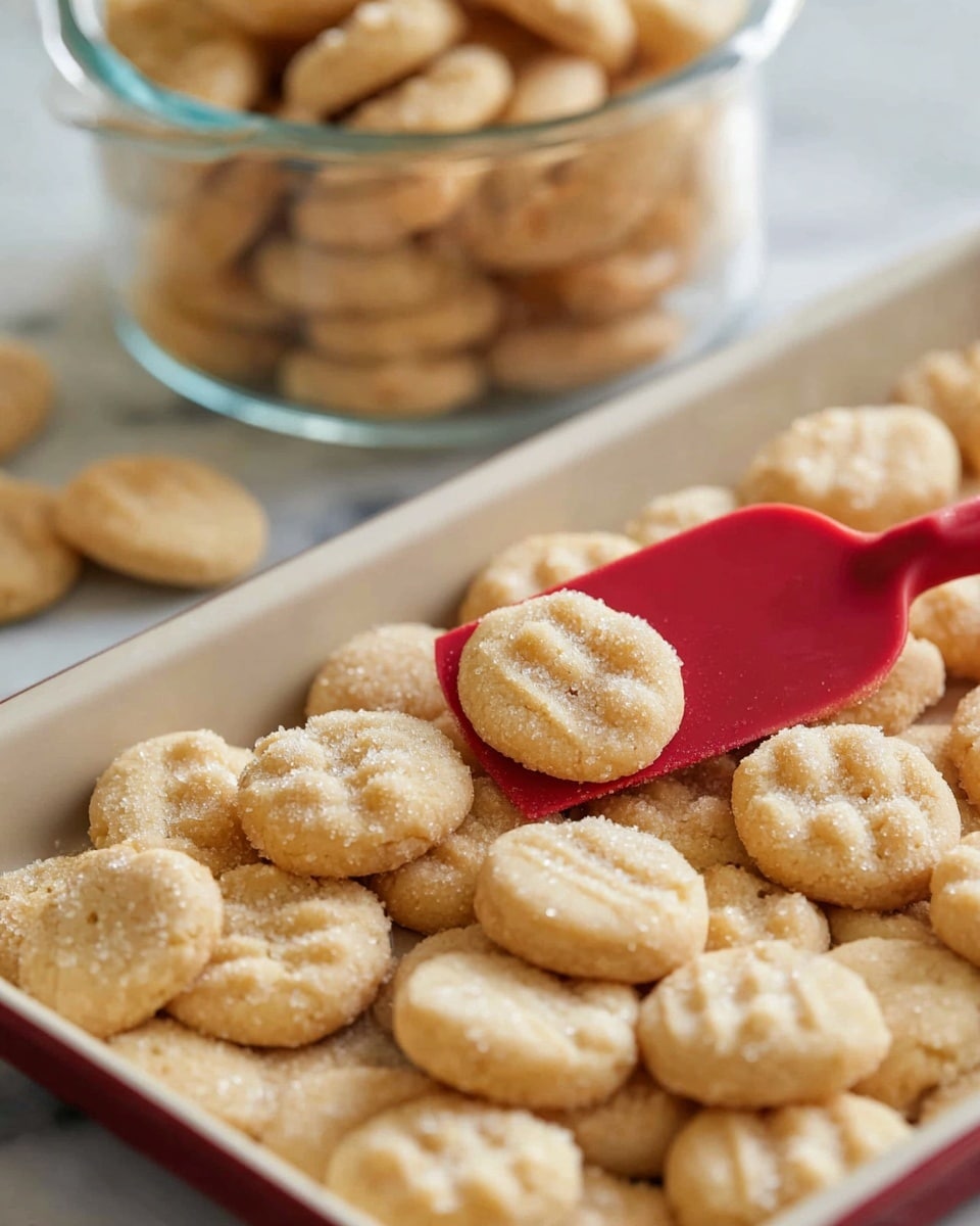 A tray filled with many small, round, light golden cookies that have a slightly bumpy texture on top, with some sugar crystals visible on their surfaces. The cookies are being scooped up in the middle by a red spatula, lifting a small pile of them. Behind the tray, there is a clear glass container also filled with these same cookies. The setting is on a white marbled surface. photo taken with an iphone --ar 4:5 --v 7