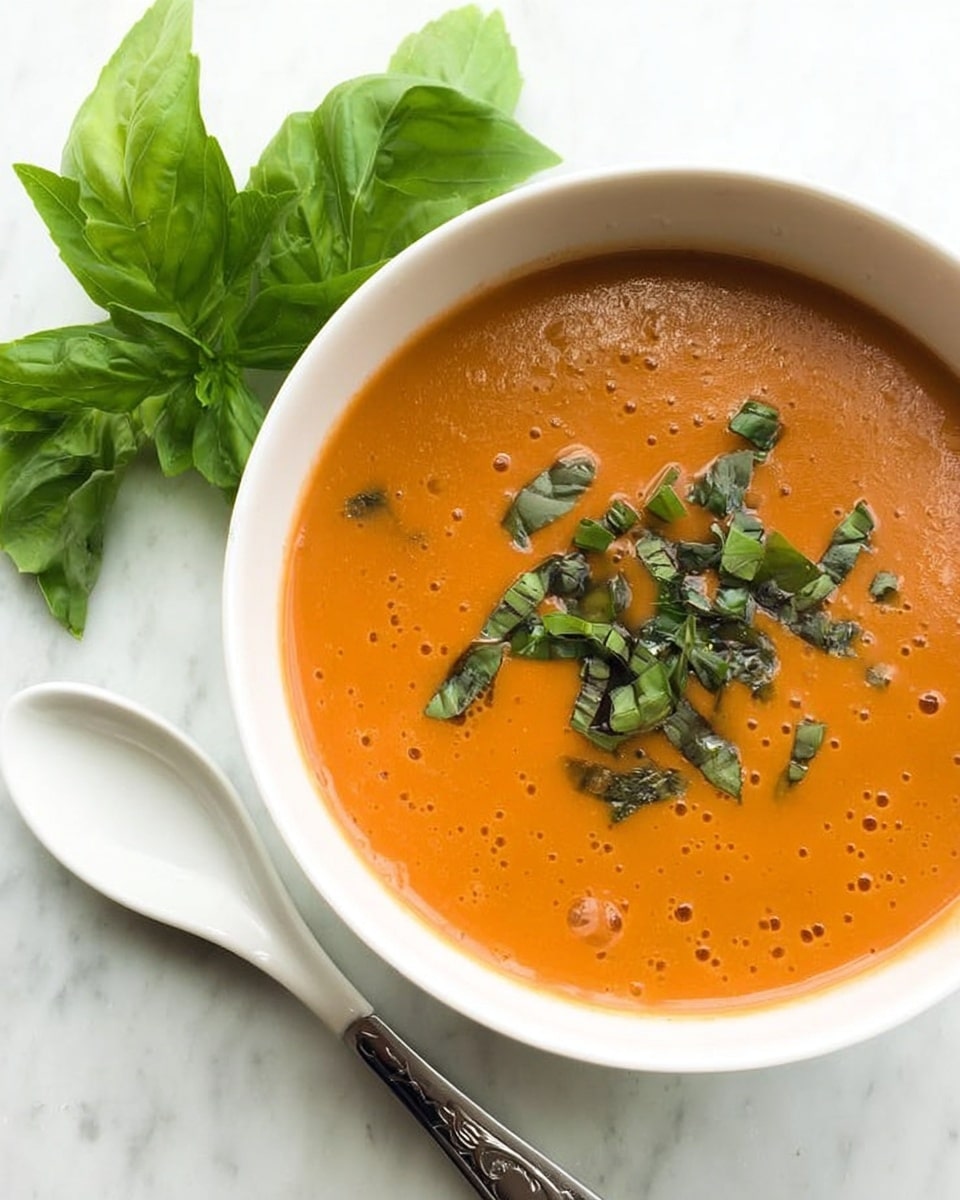 A white bowl filled with smooth, orange tomato soup, topped with chopped fresh green basil leaves in the center, placed on a white marbled surface. Some green basil stems and leaves lie next to the bowl, adding a fresh touch. photo taken with an iphone --ar 4:5 --v 7
