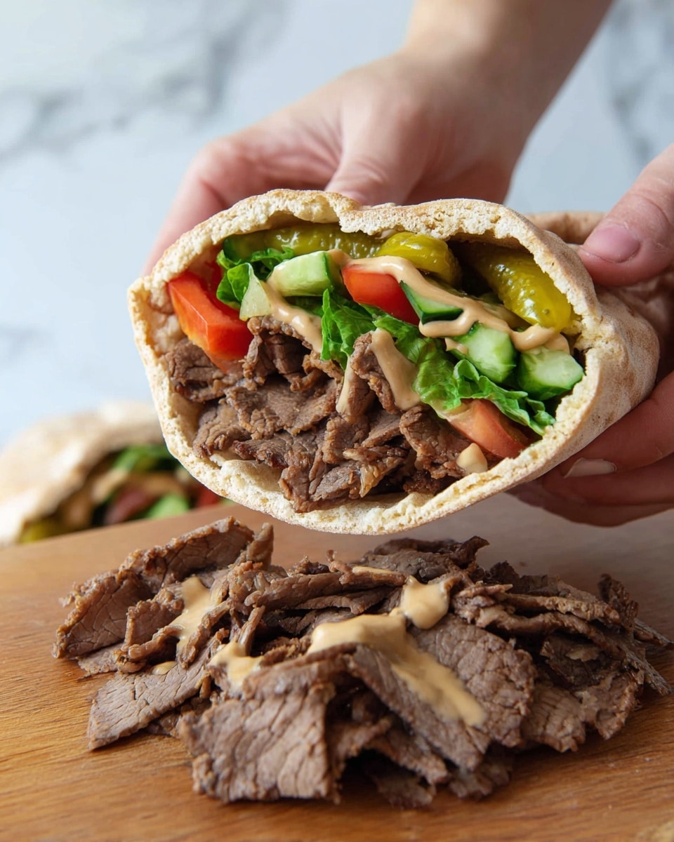 A pair of woman's hands hold a pita bread pocket filled with layers of food. Inside, the first layer is thinly sliced brown, cooked meat with a slightly crispy texture. On top of the meat are fresh green lettuce leaves, slices of green cucumber, round yellowish pickles, and juicy red tomato chunks. The filling is topped with a smooth light brown sauce drizzled over the meat. In the front, more slices of the same cooked meat are spread out on a wooden surface. The background has a white marbled texture. photo taken with an iphone --ar 4:5 --v 7