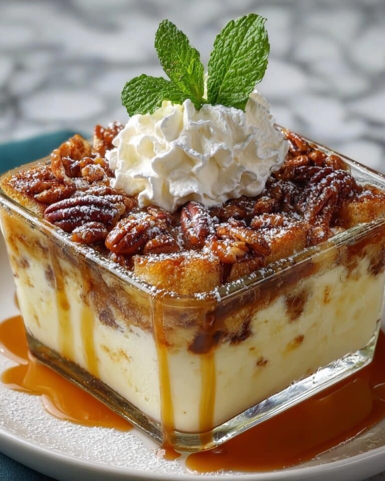 Pecan Topped Bourbon Bread Pudding with Caramel and Vanilla Recipe