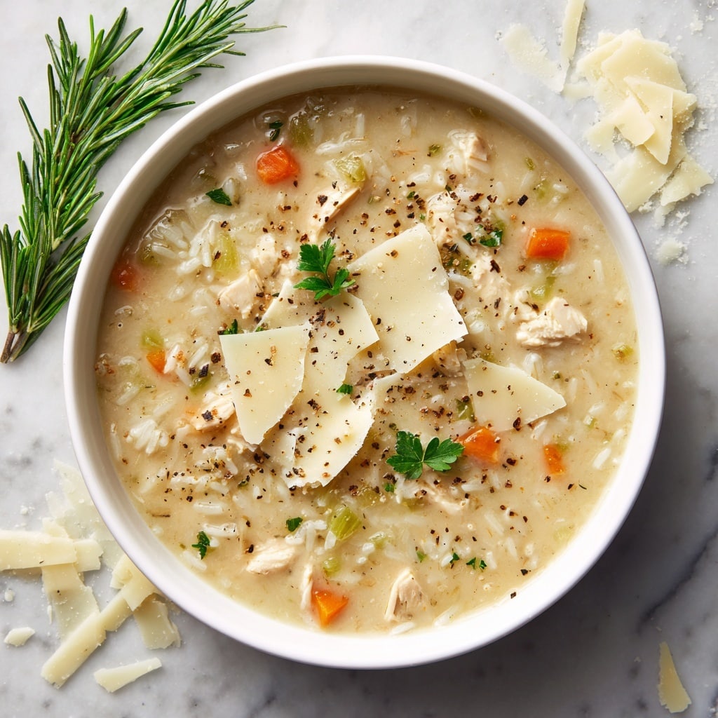 A white bowl filled with thick creamy soup that has a light beige color with visible chunks of tender chicken pieces and small cube-shaped carrot bits scattered throughout. There are also small pieces of celery and rice mixed in the soup, adding texture. On top, thin shavings of pale yellow cheese are layered alongside small green parsley leaves and a sprig of fresh rosemary on the left side, creating a pop of color. Freshly ground black pepper is sprinkled over the surface. The bowl is placed on a white marbled textured surface with scattered cheese shavings around it. photo taken with an iphone --ar 4:5 --v 7