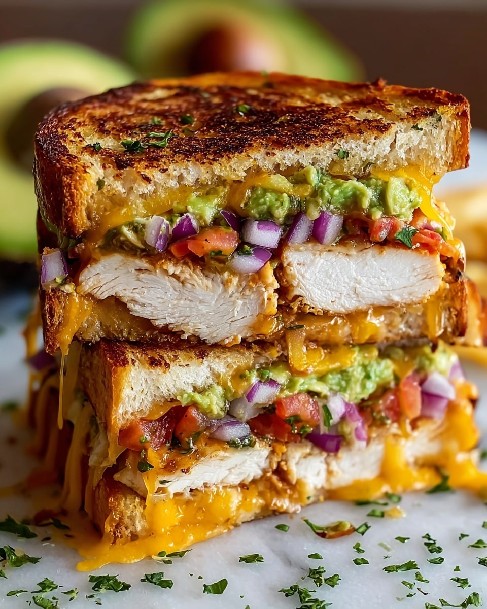 A close-up view of a toasted sandwich cut in half and stacked, showing three main layers inside: on top, green avocado slices with a soft, creamy texture; in the middle, thick, white shredded chicken pieces with a slightly grilled look; at the bottom, melted orange-yellow cheddar cheese mixed with small bits of red onion and tomato, all layered between golden brown toasted bread with a crispy texture and some green herbs sprinkled on top and outside. In the background, there is a white plate with golden French fries and more sandwiches blurred out, all set on a white marbled surface. photo taken with an iphone --ar 4:5 --v 7
