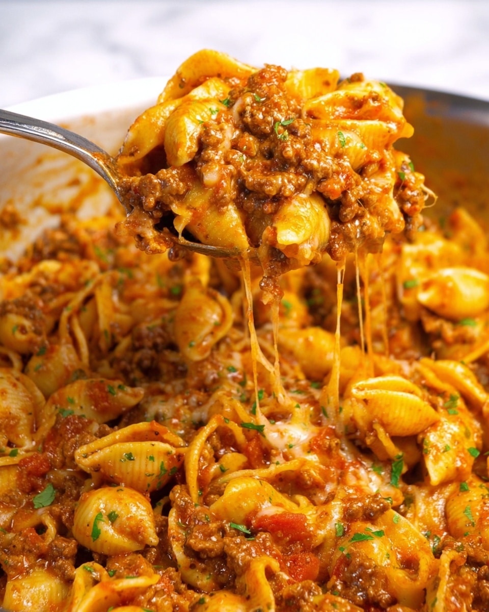 A close-up view of a white plate filled with pasta shells coated in a thick, meaty tomato sauce. The pasta shells are pale yellow with a smooth texture, nestled closely together. The sauce is reddish-brown with visible ground meat pieces, finely chopped tomatoes, and herbs scattered throughout. Fresh green herb leaves are sprinkled evenly over the top, adding small bright green contrast. A metal fork is pressed into the pasta on the right side, with its tines partially submerged in the sauce and pasta. The background shows a white marbled surface. photo taken with an iphone --ar 4:5 --v 7