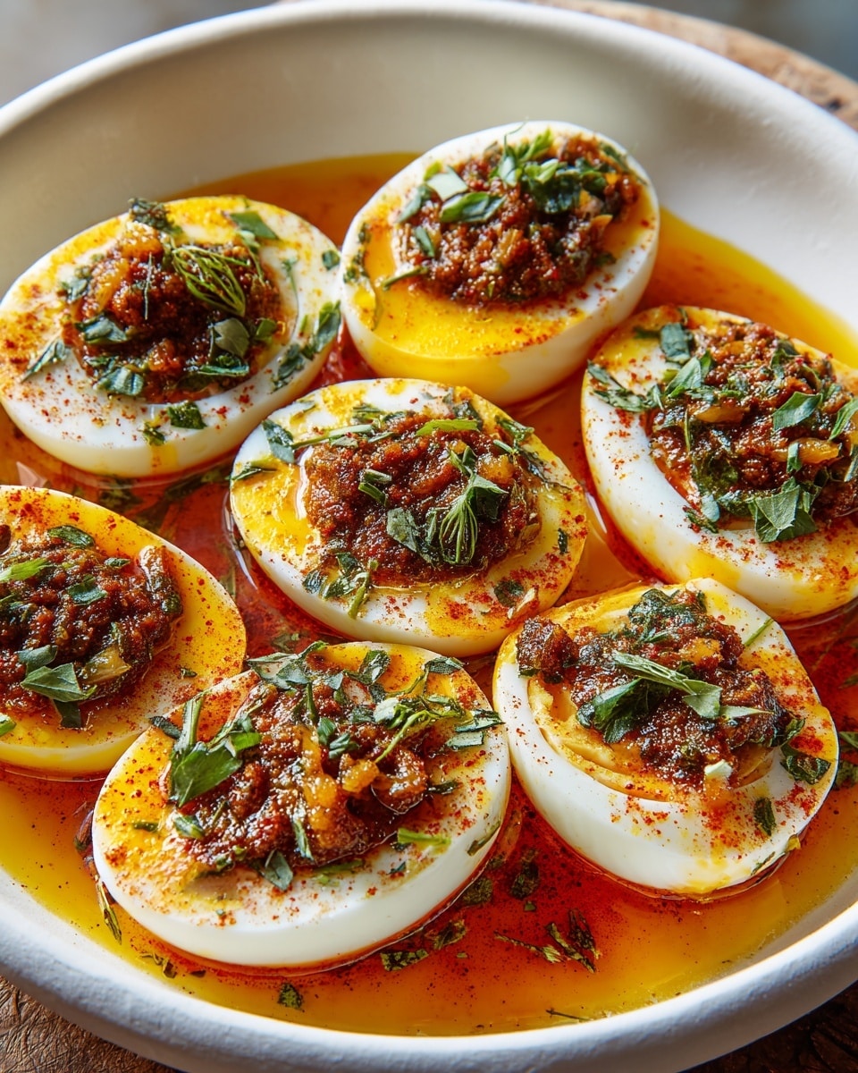 This image shows seven halved boiled eggs placed close together in a white bowl, filled with a layer of orange-red oily sauce at the bottom. Each egg has a firm white layer surrounding a bright yellow yolk, topped with a thick layer of spicy, textured brown sauce mixed with green chopped herbs. Red powder seasoning is sprinkled over each yolk, adding a speckled effect. The herbs are scattered on top, giving fresh green highlights, while the oily sauce pools around the eggs, reflecting light to create a shiny surface. photo taken with an iphone --ar 4:5 --v 7