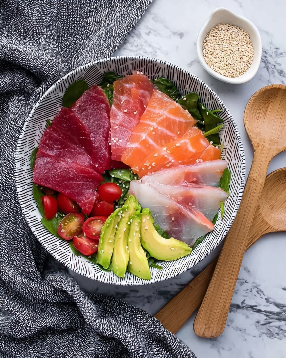 A white bowl filled with fresh sashimi styles on top of green leaves as the base layer. The sashimi is made of different fish slices in pink, orange, and white colors, arranged in layers overlapping each other covering the bowl's surface. Small green avocado pieces are placed between the slices for contrast. A dark brown sauce with sesame seeds is being poured over the fish from a small white cup held by a woman's hand on the right side. The bowl sits on a white marbled surface, and a folded gray cloth is near it. photo taken with an iphone --ar 4:5 --v 7