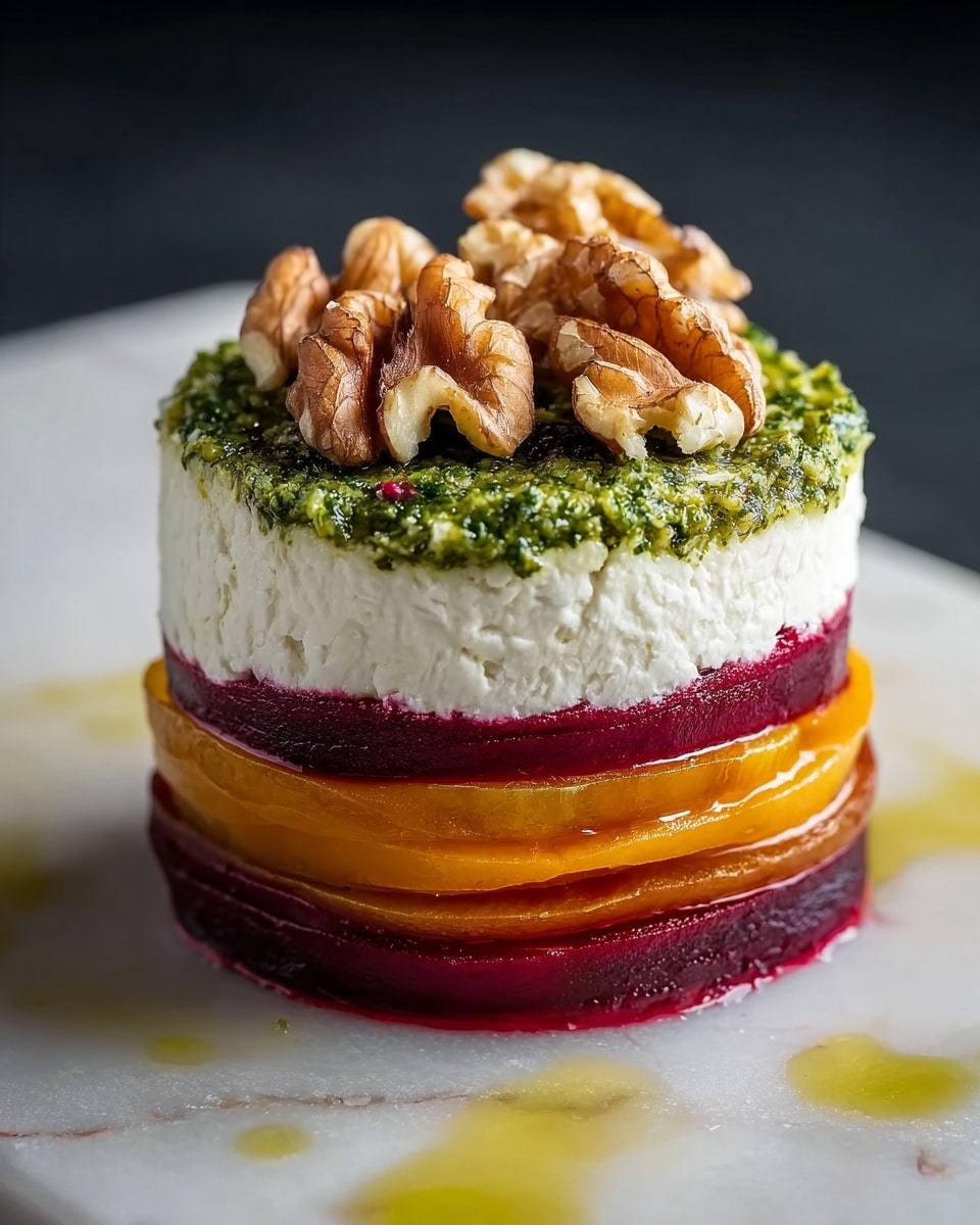 A neat square-shaped layered dish with five visible layers sits on a dark surface. The bottom layer is thin and brown, followed by a thick smooth orange layer. Above that is a slightly thinner, glossy dark pink layer, topped by a thick fluffy white layer with a creamy texture. The top layer is a green herb sauce spread evenly, crowned with several large golden brown walnut halves. The dish looks fresh and carefully assembled, with a little shiny oil on the surface. photo taken with an iphone --ar 4:5 --v 7