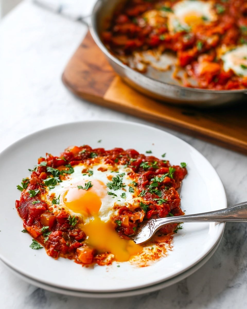 The image shows a white plate with a single cooked egg on top of a thick tomato sauce with visible chunks of vegetables like onions and carrots, garnished with chopped green herbs. The egg has a bright white cooked edge and a yellow yolk that is broken and flowing slightly onto the sauce. The sauce is rich red with some darker and lighter shades, thick and textured with small vegetable pieces. A silver fork is placed on the plate, piercing the egg yolk. In the background, there is a pan filled with more of the tomato sauce and eggs, resting on a wooden board, all set on a white marbled surface. photo taken with an iphone --ar 4:5 --v 7