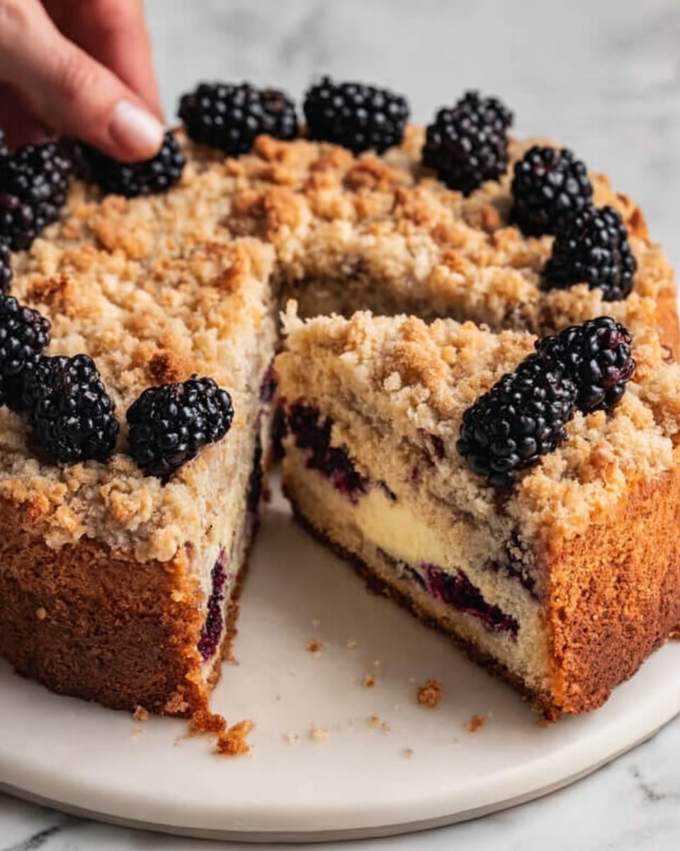 A close-up of a round blackberry crumb cake with one large slice removed, showing two main layers: a light, soft, and moist cake part with visible blackberries inside and a thick, rough, golden-brown crumb topping with a few whole blackberries arranged on top. The cake sits on a flat white marbled surface with a white bowl full of blackberries blurred in the background. Photo taken with an iphone --ar 4:5 --v 7