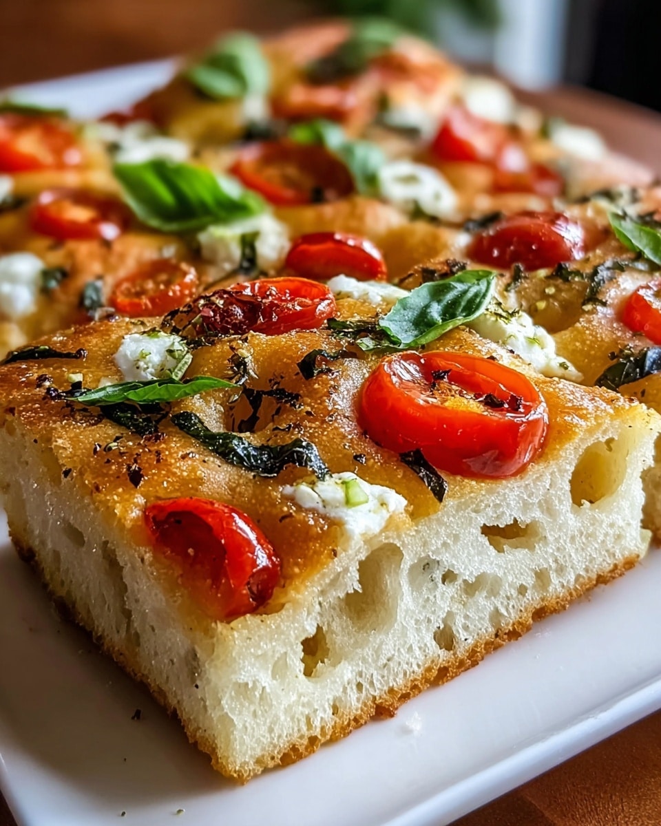A thick rectangular slice of focaccia bread sits on a wooden board, showing a golden-brown, airy crust layer with soft white dough inside. On top, there are bright red cherry tomato halves scattered across, some with a slightly roasted look, along with white dollops of creamy cheese placed evenly. Fresh green basil leaves are spread over the surface, with tiny black grilled marks and seasoning flakes adding texture. The edges of the bread are puffy and shiny with a light crust. The scene is set on a white marbled texture background. photo taken with an iphone --ar 4:5 --v 7