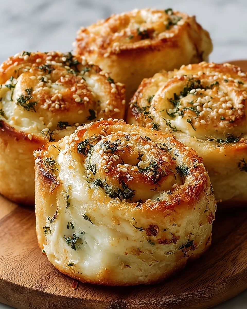 The image shows a close-up of five golden-brown garlic herb rolls placed on a round wooden board. Each roll is layered in a spiral with a crispy, glazed outer crust that is browned in spots, giving a toasted look. Inside the swirls, there is a mixture of melted cheese and finely chopped green herbs scattered throughout the soft dough layers. The bread texture appears soft and fluffy inside, with herb bits on the surface adding color contrast and freshness to the warm tones. The background is plain and dark, making the rolls stand out more on the wooden board, which rests on a white marbled texture. photo taken with an iphone --ar 4:5 --v 7
