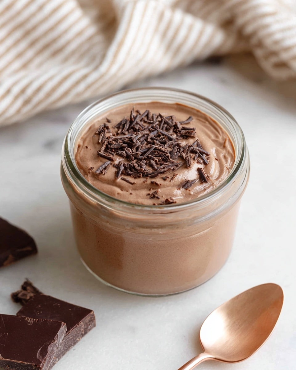 A clear glass jar filled with one smooth, creamy layer of light brown chocolate mousse topped with small dark brown chocolate shavings evenly spread on the surface; the jar is placed on a white marbled texture with two pieces of dark chocolate on the left, a white bowl partially visible in the top left corner, a brown-gold spoon on the right, and a white cloth with brown stripes in the top right corner; the mousse surface shows soft swirls and a slight indentation in the center. photo taken with an iphone --ar 4:5 --v 7