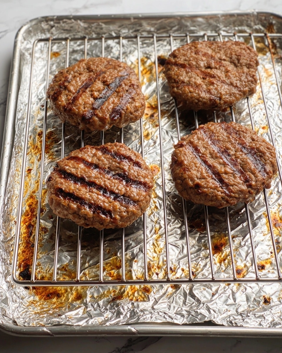 The image shows four cooked burger patties placed on a metal cooling rack over a baking tray covered with crumpled aluminum foil. Each patty is round and brown with visible grill marks and a slightly rough, uneven texture. The tray underneath has some dark brown and golden grease stains creating a messy look. The background has a simple white marbled texture. photo taken with an iphone --ar 4:5 --v 7
