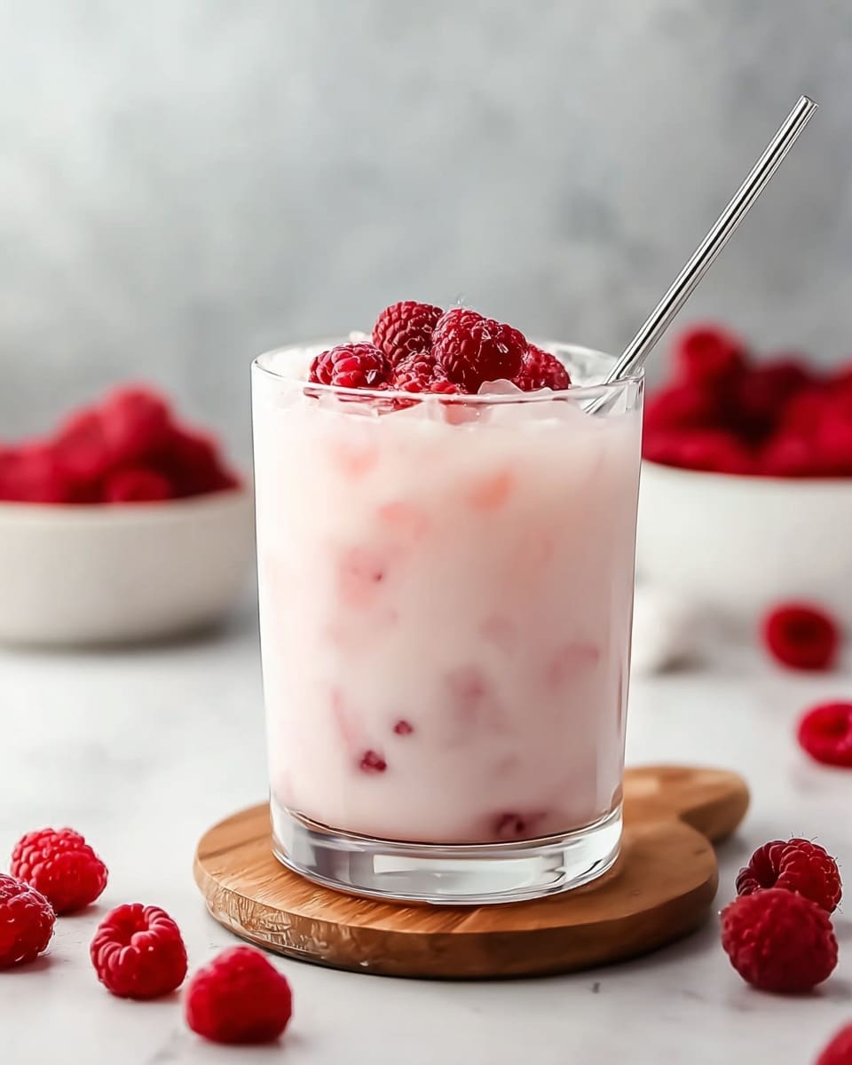 A clear glass filled with a creamy light pink drink showing small red raspberry pieces scattered throughout. On top, there are several bright red raspberries with a slightly frosty look, and a metal straw placed inside the glass on the right side. The glass sits on a white marbled surface, and the background is also white marbled with a blurred white glass jar containing a similar pink drink and a black bowl filled with more raspberries. A few raspberries and coffee beans are scattered on the surface around the glass. photo taken with an iphone --ar 4:5 --v 7