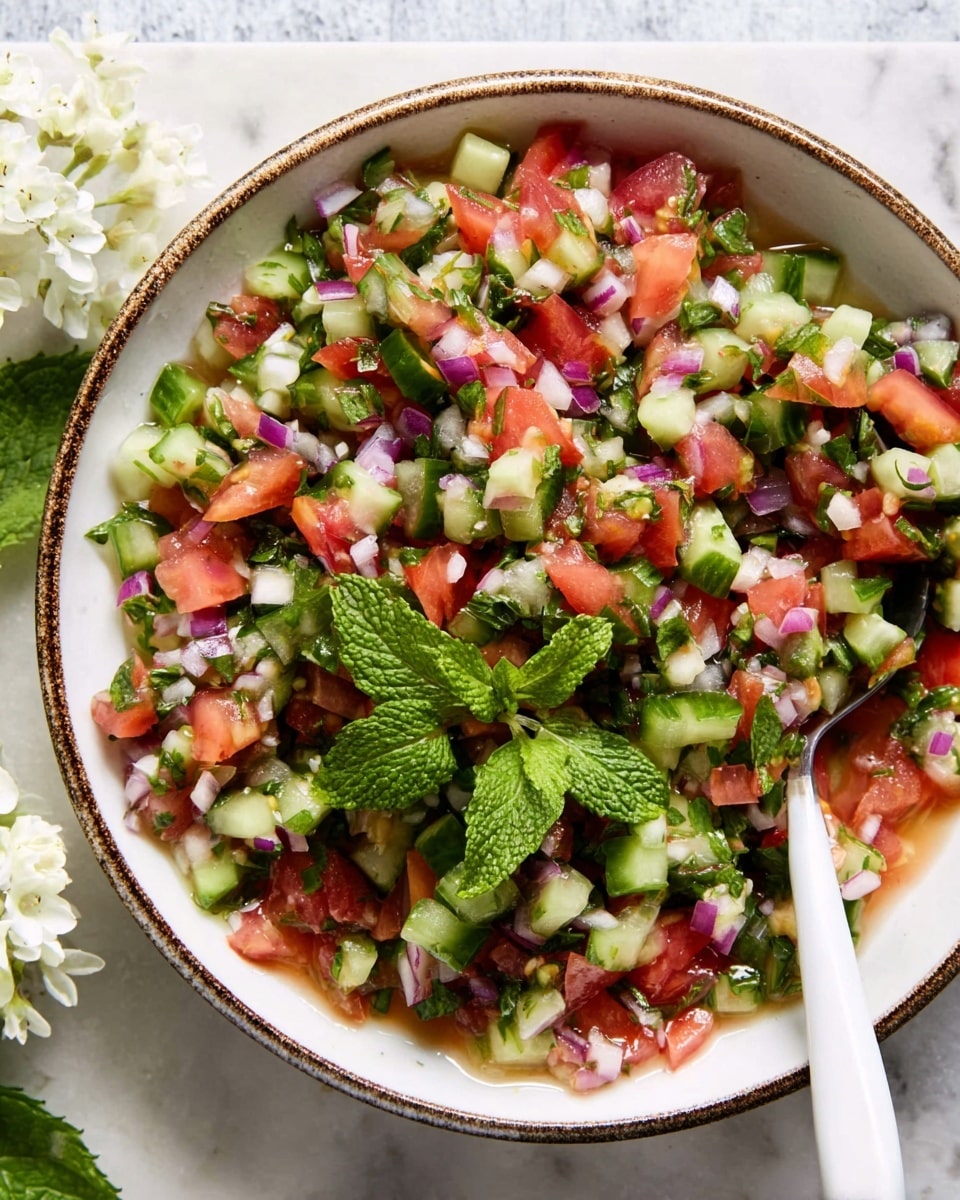 A bowl filled with a fresh chopped salad showing a mix of red tomatoes, green cucumbers, white onions, and chopped green herbs. The salad layers appear colorful with small diced pieces, topped with fresh green mint leaves and garnished with a small white flower on the side. The bowl is white with a brown rim and is placed on a white marbled surface. Photo taken with an iphone --ar 4:5 --v 7