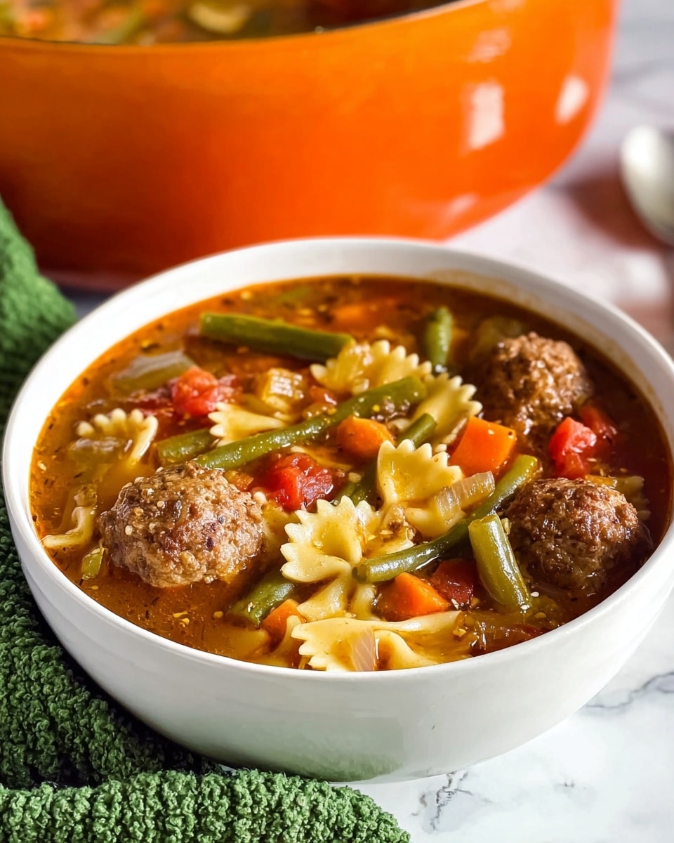 A white bowl filled with a chunky soup featuring at least four visible layers: the top layer includes large brown meatballs and bright green beans, the middle layers show bright orange carrot pieces, red diced tomatoes, and translucent onion chunks, while the bottom includes yellow bow-tie pasta floating in a rich, dark orange broth with a slightly oily texture. The bowl sits on a white marbled surface beside a folded green textured cloth, with a large orange pot of the same soup blurred softly in the background. photo taken with an iphone --ar 4:5 --v 7