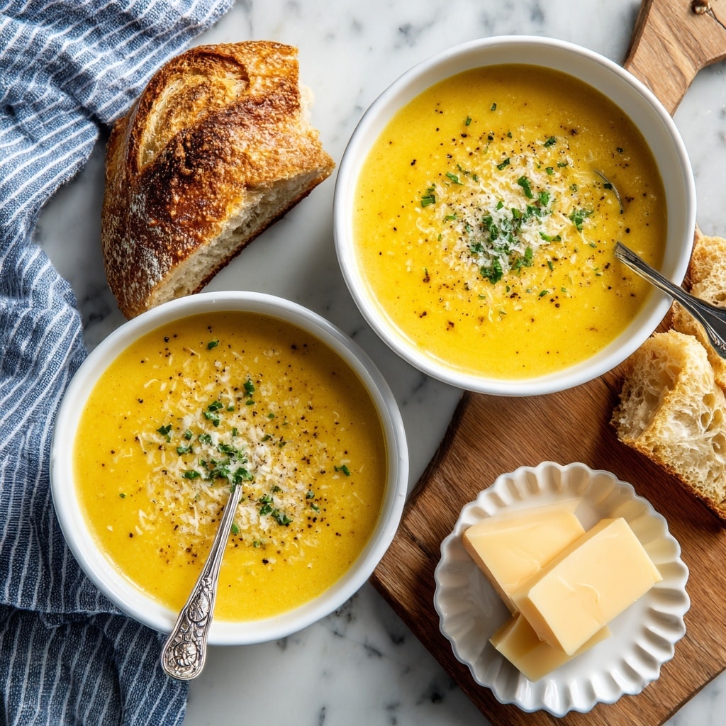 Two white bowls filled with thick yellow soup that has a creamy texture. The soup is topped with finely chopped green herbs and light sprinkles of black pepper. Each bowl has a layer of grated white cheese melting slightly on the surface. One bowl has a silver spoon resting inside it. Next to the bowls, pieces of torn crusty bread with a golden-brown crust are placed on a wooden board. There is also a small white dish holding two sticks of pale yellow butter. A blue and white striped cloth lies under the board, and the entire scene is set on a white marbled surface. Photo taken with an iphone --ar 4:5 --v 7