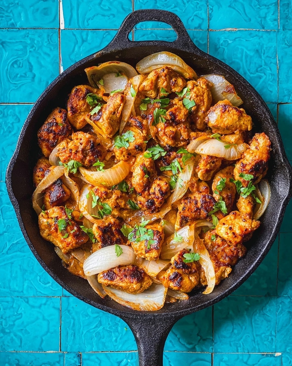A close-up of a black cast iron pan filled with cooked chicken pieces layered with large, soft white onion chunks. The chicken is golden-brown and slightly crispy with black pepper specks and a light sauce coating. Fresh green herbs are scattered on top, adding a touch of brightness. The pan sits on a surface with a white marbled texture, creating a clean contrast to the rich colors of the dish. photo taken with an iphone --ar 4:5 --v 7