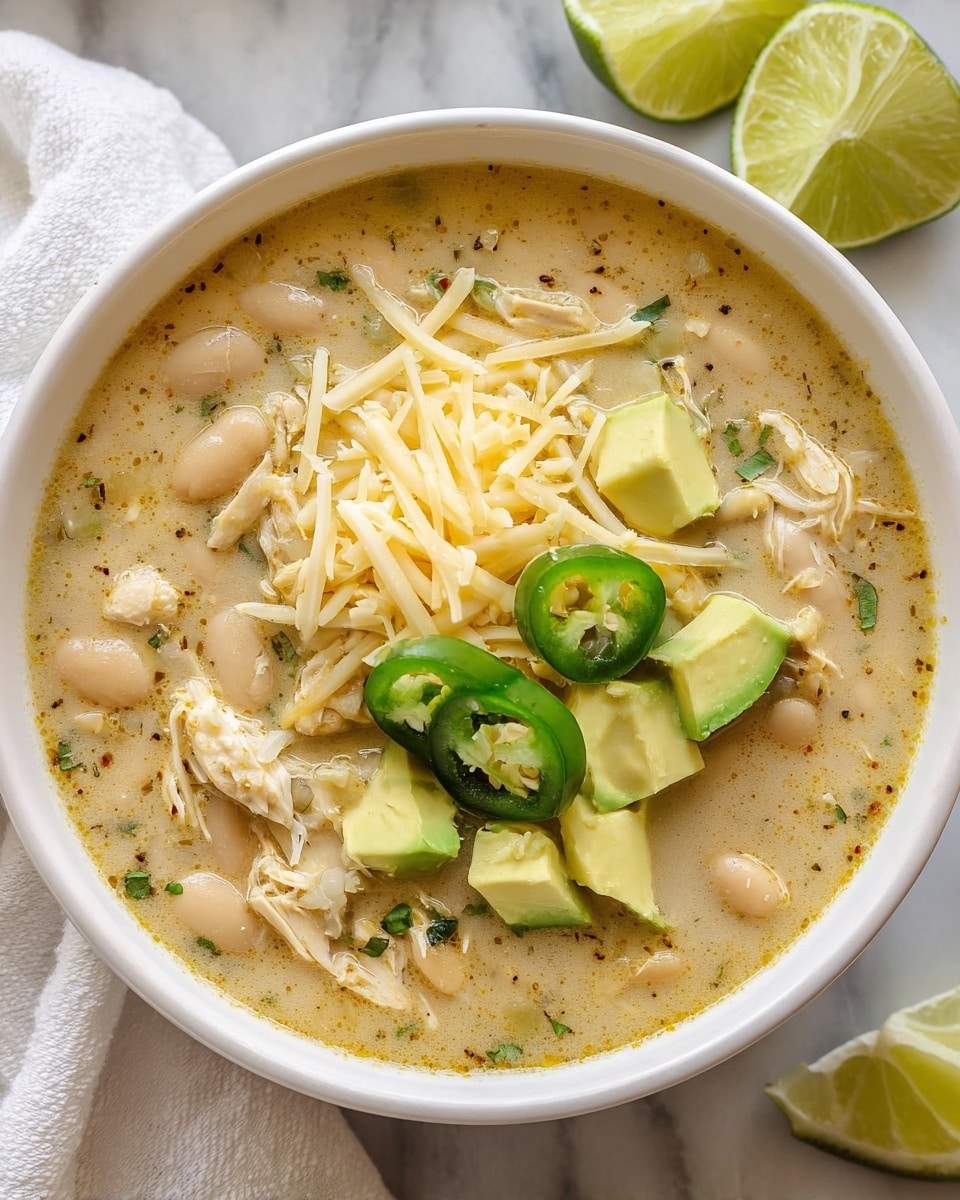 A white bowl filled with a creamy light beige soup that has a slightly oily surface with spices sprinkled on top. Inside the soup, there are soft white beans and shredded white chicken pieces as the main ingredients. On the top, there is a small pile of shredded pale yellow cheese in the center, surrounded by chunks of light green avocado. Three thin round slices of bright green jalapeño rest neatly on the cheese. The bowl is set on a white marbled surface with some lime wedges and a white cloth partially visible around it. photo taken with an iphone --ar 4:5 --v 7