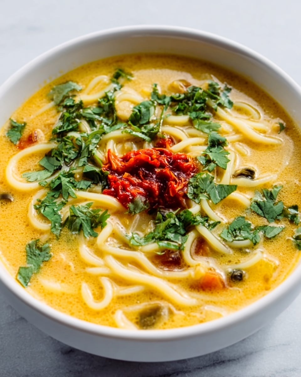 A white bowl filled with a creamy yellow soup resting on a white marbled surface. The soup has thick noodles inside, topped with bright green cilantro leaves spread evenly. In the center of the soup is a small pile of red chili sauce adding a vibrant splash of color. The soup surface looks smooth and rich, with visible small chunks of ingredients, likely vegetables, mixed in. photo taken with an iphone --ar 4:5 --v 7