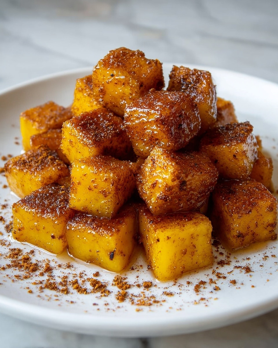 A close-up view of small, cube-shaped pieces of roasted orange sweet potatoes piled in the center of a white plate, each piece coated with a shiny, dark brown glaze and speckled with black pepper, showing a slightly crispy texture on the edges and a soft interior, all placed on a surface with white marbled texture, photo taken with an iphone --ar 4:5 --v 7
