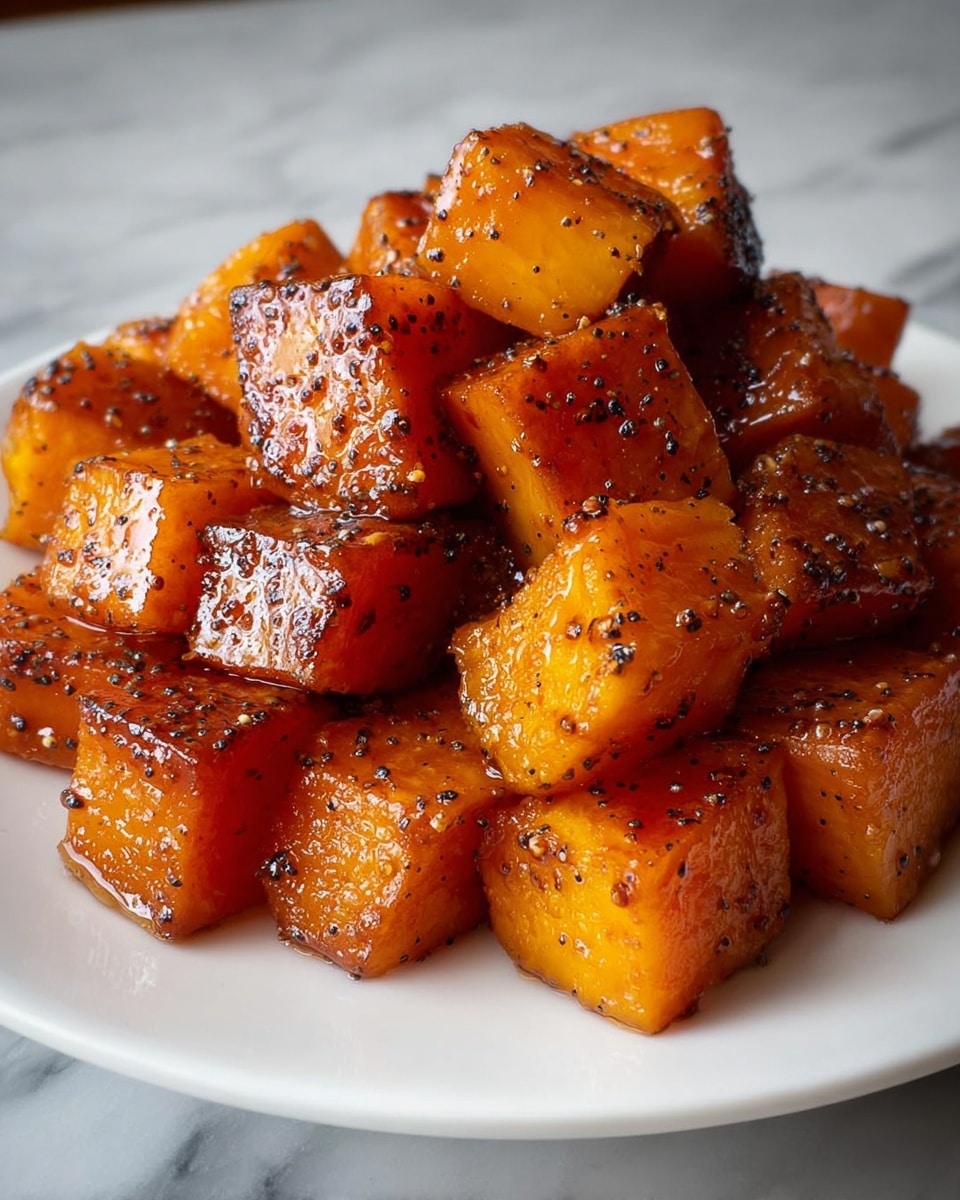 A pile of small, golden-brown cubes with a shiny glaze sits in the center of a white plate, each cube coated evenly with a dark brown spice that looks like cinnamon. The cubes have a slightly crispy texture on the outside while showing a soft, smooth inside that is bright yellow. Some coating spice is scattered loosely around the base on the plate, adding a rustic touch. The dish is placed on a surface with a white marbled texture. photo taken with an iphone --ar 4:5 --v 7