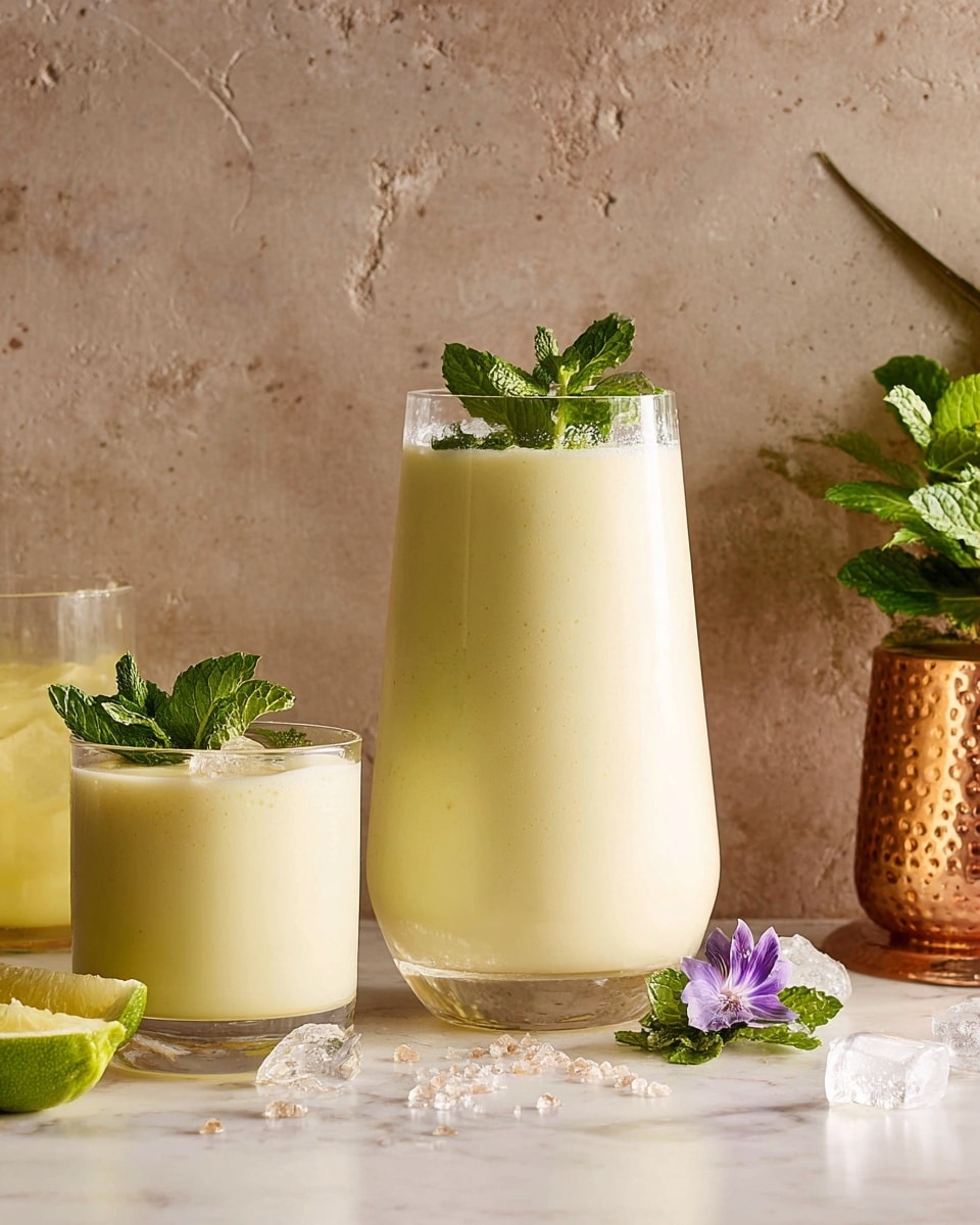 A clear glass filled with a creamy white drink topped with fresh green mint leaves, placed on a white marbled surface. Behind the glass are two lime wedges, one slightly cut and the other sliced, providing a burst of green color. Some mint leaves lay scattered beside the glass, adding a fresh touch. A soft, neutral background completes the image, giving the drink a fresh and inviting look. photo taken with an iphone --ar 4:5 --v 7