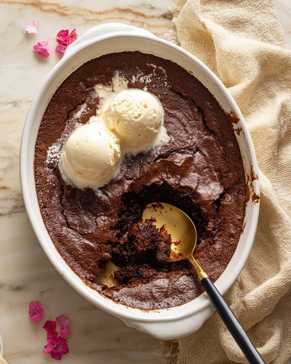 A round, two-layer chocolate dessert sits inside a white oval dish with handles; the top layer is a thin, cracked, dry chocolate crust with a light brown color, while underneath a darker, moist, and dense chocolate layer is being scooped out with a gold and black spoon revealing its gooey texture. The dish is placed on a white marbled surface with some purple flower petals scattered nearby and a beige cloth tucked at the top right corner. Photo taken with an iphone --ar 4:5 --v 7