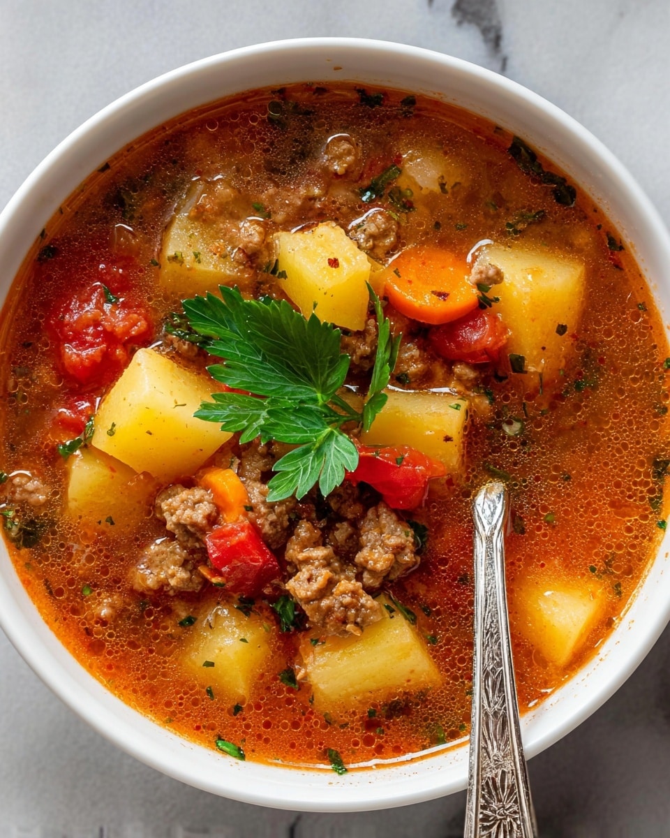 A bright blue pot filled with a chunky, thick soup featuring a red tomato broth base. The soup has visible diced yellow potatoes, small orange carrot pieces, browned ground meat, and chopped green celery mixed evenly throughout. On top, fresh green parsley leaves add a pop of color and texture. A dark metal spoon is standing inside the pot resting on the edge. The pot sits on a white marbled surface with some fresh parsley in the bottom right corner. photo taken with an iphone --ar 4:5 --v 7