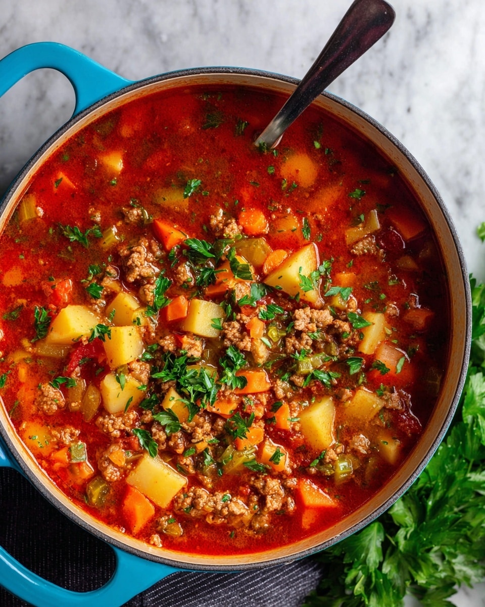 A white bowl filled with a thick soup showing visible layers of ingredients, including large chunks of yellow potatoes, red tomato pieces, small orange carrot slices, and browned ground meat crumbled throughout. The broth is rich and reddish-brown with small oily droplets on the surface, giving a hearty look. There is a fresh green parsley sprig placed in the center on top of the soup. A silver spoon with detailed marking rests inside the bowl on the right side. The bowl sits on a white marbled texture background. photo taken with an iphone --ar 4:5 --v 7