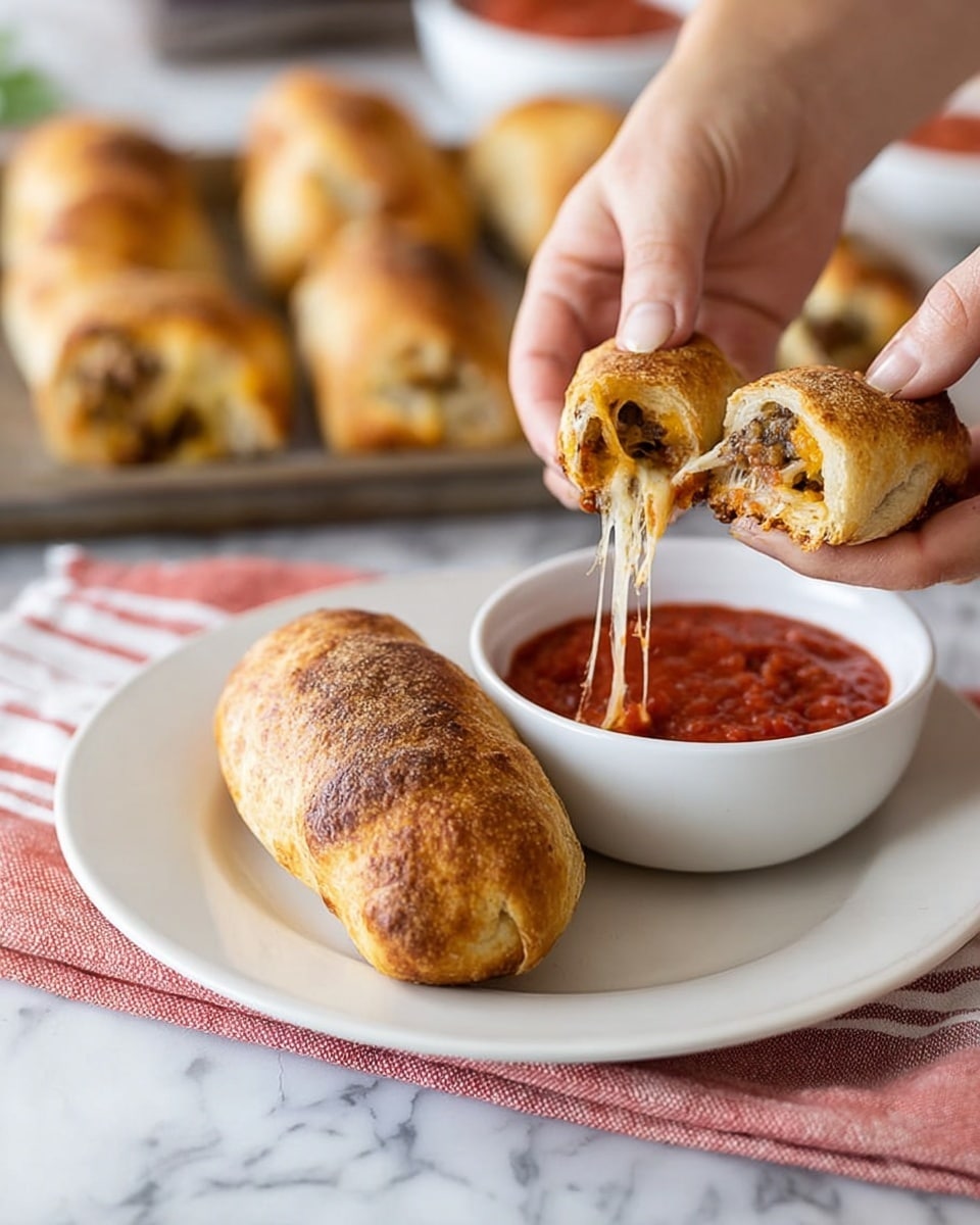 A white plate with a single golden-brown stuffed bread roll placed on it, showing a crispy and slightly textured surface, sits on a white marbled background with a red and white striped cloth underneath. In front of the plate, a white bowl filled with chunky red marinara sauce is visible. Above the plate, two woman's hands are pulling apart another stuffed bread roll, revealing melted, stringy cheese mixed with a savory meat filling inside. In the blurry background, more golden-brown stuffed rolls lie on a metal baking sheet. Photo taken with an iphone --ar 4:5 --v 7