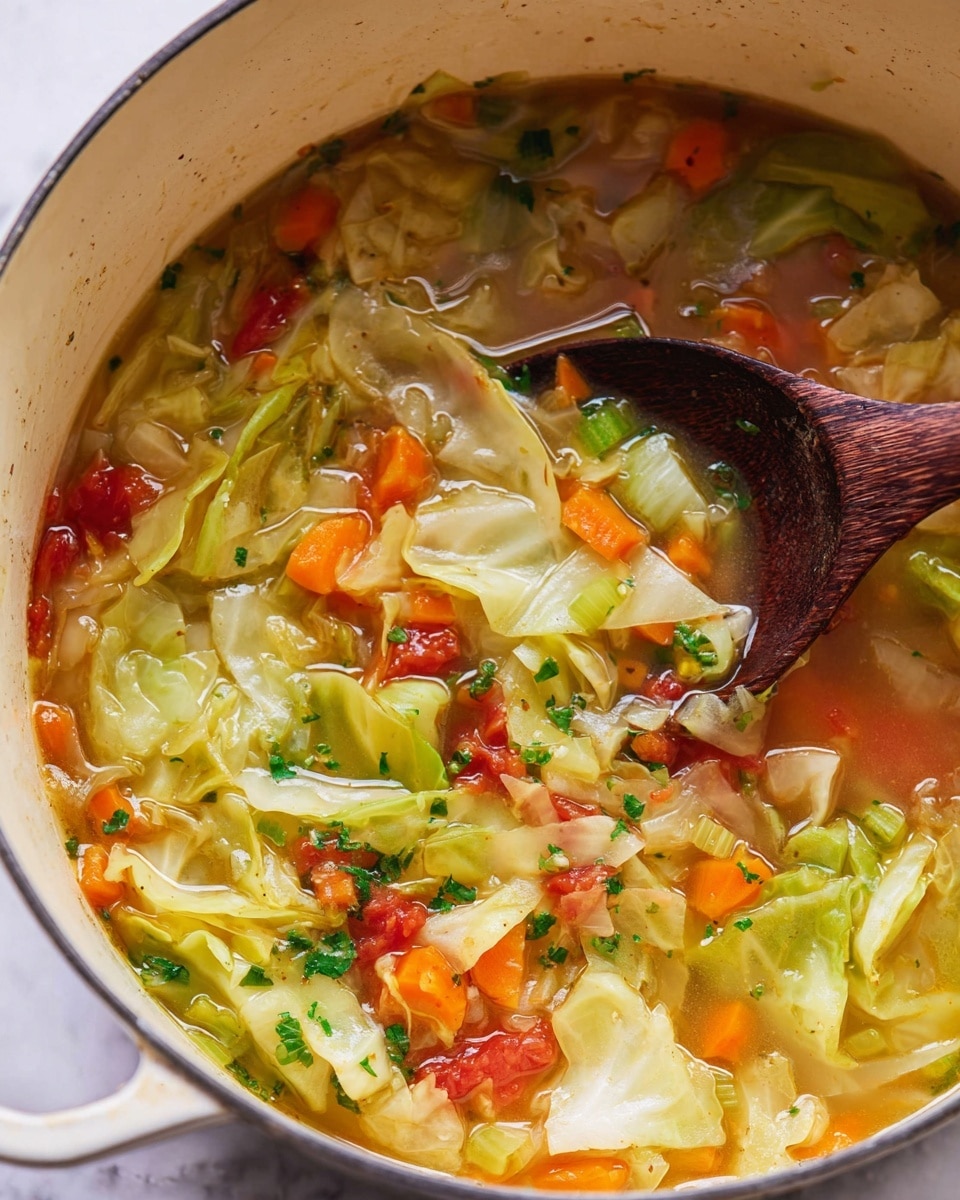 A close-up view of a white pot filled with vegetable soup, showing several layers of ingredients in a light brown broth. The top layer has large, soft pale green cabbage leaves mixed with small bright orange carrot slices and pieces of green celery. There are also small red chunks of tomato and finely chopped green herbs scattered on top. A dark wooden spoon is partly submerged in the soup, lifting some of the mixed vegetables. The pot sits on a white marbled surface. photo taken with an iphone --ar 4:5 --v 7