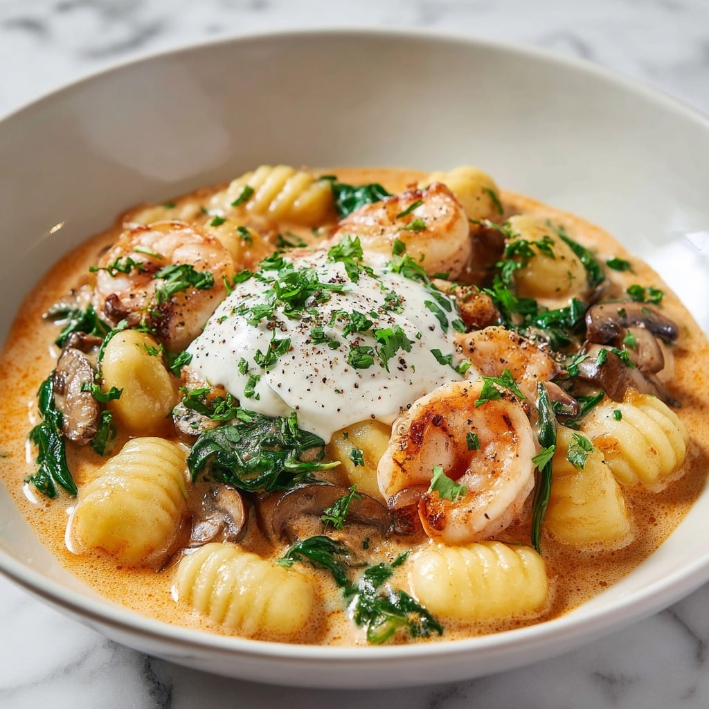 This dish is a close-up of gnocchi in a creamy light orange sauce with visible bits of cooked spinach and sliced mushrooms mixed throughout. The gnocchi are plump and pale yellow, evenly coated with the sauce, scattered around juicy pink shrimp that curl slightly. At the center, there is a dollop of smooth white cream topped with small chopped green herbs. The food is arranged in a shallow white bowl placed on a white marbled surface, and small black pepper specks are sprinkled on top. photo taken with an iphone --ar 4:5 --v 7