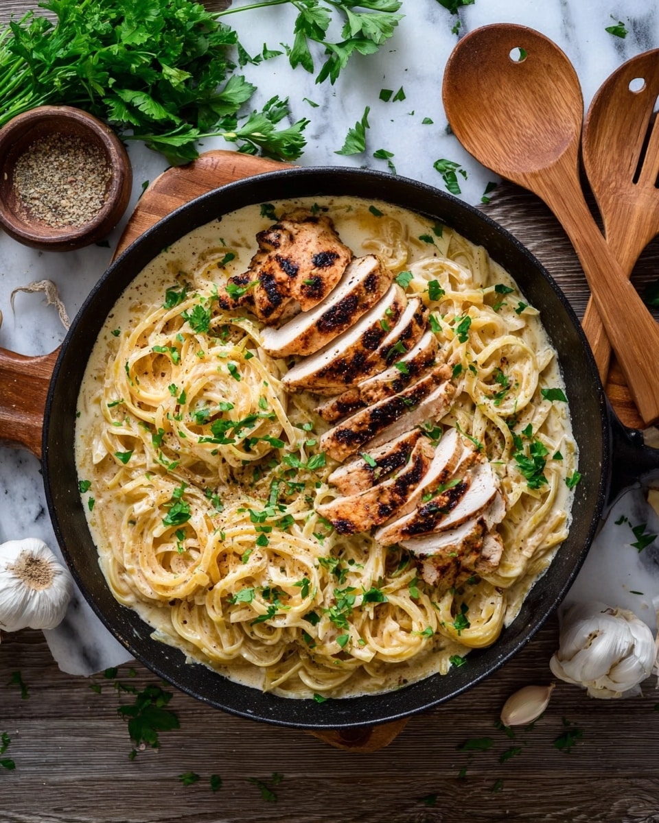 A black skillet filled with creamy pasta and grilled chicken slices sits on a wooden table with a white marbled texture background. The pasta forms the base layer with a smooth light cream sauce that coats the noodles, creating a soft and shiny texture. On top of the pasta are evenly spaced grilled chicken breast slices that have a charred brown and white color, with some herbs sprinkled over them. Fresh green parsley leaves are scattered across the dish adding color contrast. Next to the skillet, there are wooden salad utensils, a small bowl of seasoning, garlic cloves, and some green herbs on the table. photo taken with an iphone --ar 4:5 --v 7