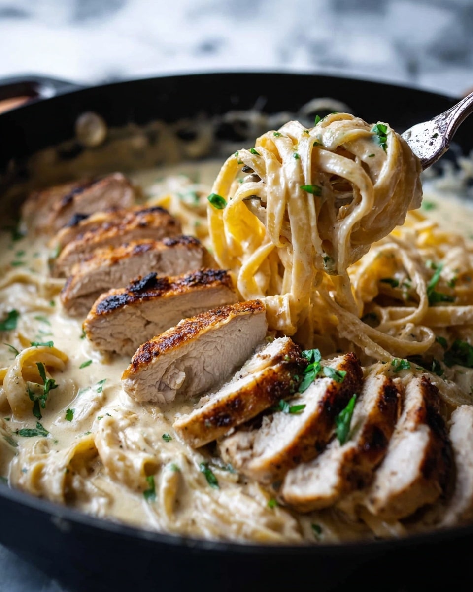 A close-up view of thick creamy pasta with a light beige sauce fills a black pan, topped with several slices of grilled chicken arranged in a neat row on one side, each slice showing a golden-brown crust and tender inside. A fork lifted by a woman's hand holds a chunk of chicken and a twirl of linguine, with small green herbs sprinkled on top, adding a touch of color to the dish. The background is a white marbled texture that softens the look of the scene. photo taken with an iphone --ar 4:5 --v 7