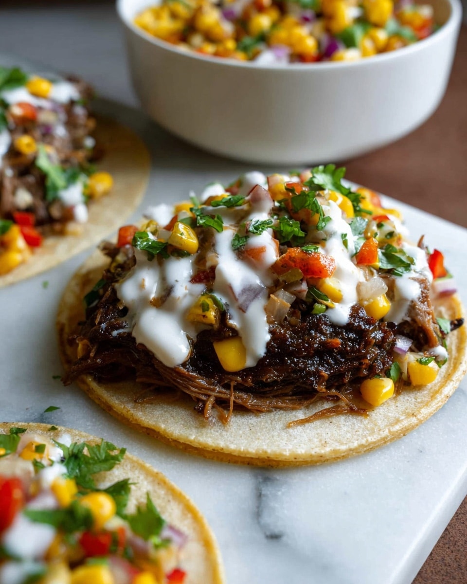 A single open taco on a white corn tortilla base holds a dark brown, tender shredded meat layer in the center, topped with a creamy white sauce drizzled generously. Above the sauce, there is a colorful mix of yellow corn kernels, small diced red onions, red bell peppers, and green cilantro pieces, creating a fresh, vibrant topping. The taco is placed on a white marbled surface, with another similar taco partially visible in the foreground and a white bowl filled with the same corn and vegetable mix blurred in the background. Photo taken with an iphone --ar 4:5 --v 7