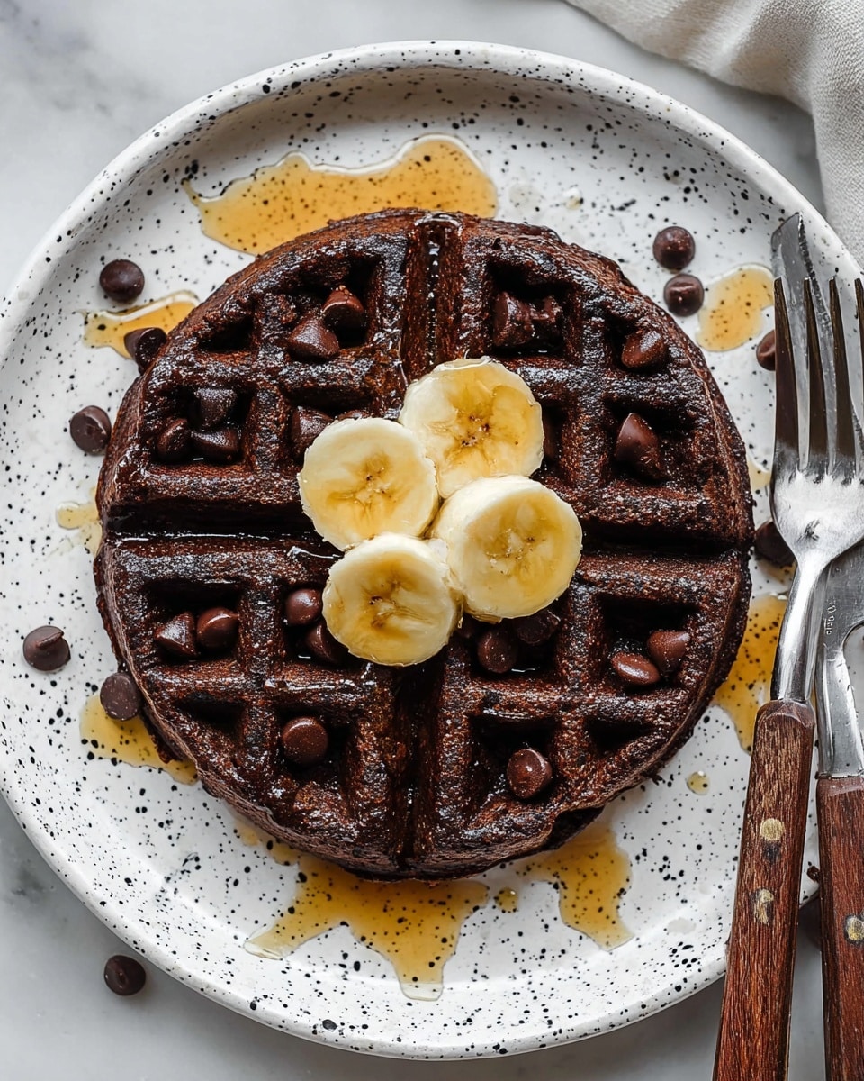 A single dark brown chocolate waffle with a slightly rough texture sits in the center of a white plate with black speckles. The waffle is topped with three light yellow banana slices arranged in a small cluster in the middle. Chocolate chips are embedded in the waffle, and golden syrup is drizzled over the waffle and plate, creating small shiny pools. To the right of the plate is a fork and knife with wooden handles resting on the white marbled surface. The photo taken with an iphone --ar 4:5 --v 7