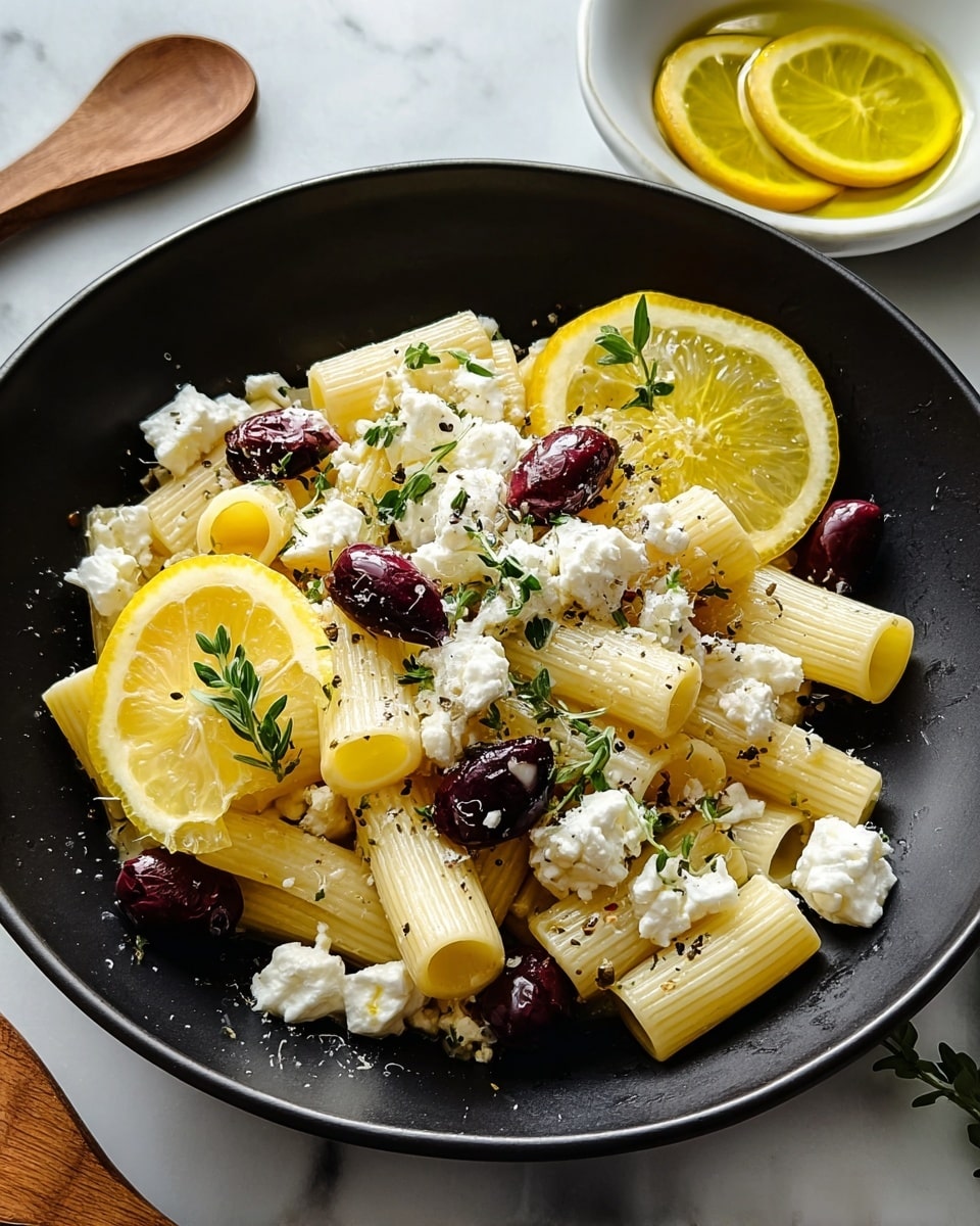 A black bowl holds a dish with pale yellow rigatoni pasta stacked in a single layer as the base. On top, there are scattered white feta cheese chunks, dark red olives, and small bright green sprigs of herbs. Two yellow lemon halves rest on the edges of the pasta, adding a fresh touch. The dish is garnished with a drizzle of oil and sprinkled black pepper. The bowl sits on a white marbled surface next to a white bowl with lemon slices in oil and a wooden spoon is partially visible. Photo taken with an iphone --ar 4:5 --v 7