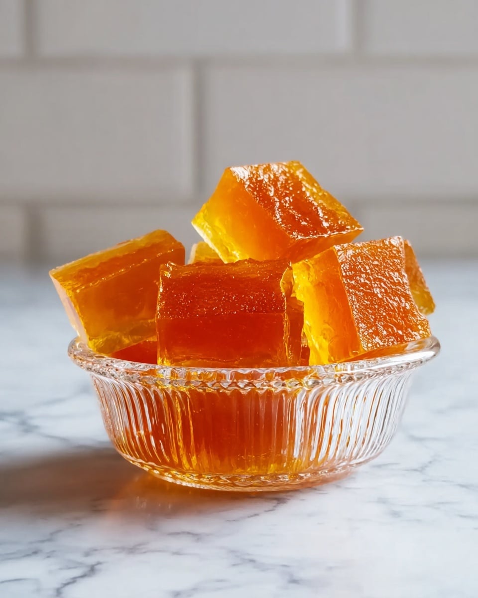 A small clear glass bowl with vertical ridges is filled with translucent amber-colored jelly cubes. The cubes have a shiny, smooth texture and are stacked unevenly inside the bowl, with some cubes leaning against each other and reflecting light, giving a glossy look. The bowl is placed on a white marbled surface, lit softly from behind creating a bright, clean background that highlights the warm color and texture of the jelly pieces. photo taken with an iphone --ar 4:5 --v 7