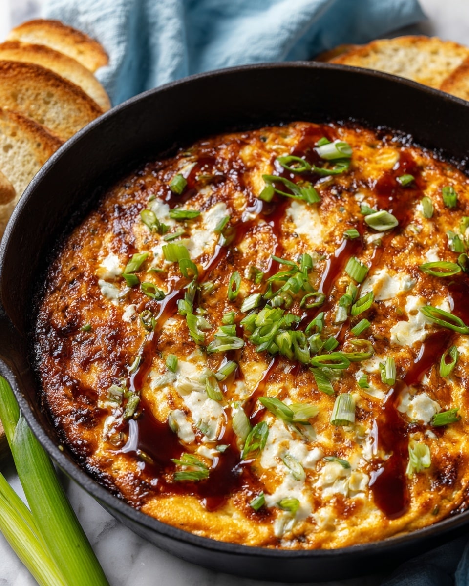 The image shows a deep black skillet filled with a baked dish that has a thick, golden-brown cheese crust on top. The surface is uneven with patches of melted white and orange cheese, swirled together with dark brown sauce drizzled across in lines. Bright green chopped scallions are scattered on top, adding a fresh contrast. The skillet sits on a white marbled surface with a light blue cloth near it and slices of toasted bread in the background. A single green scallion stalk lies beside the skillet. photo taken with an iphone --ar 4:5 --v 7