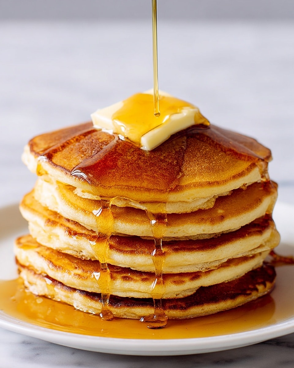 A stack of seven golden-brown pancakes sits on a white plate, each pancake layered neatly on top of the other with slightly uneven edges showing their soft texture. On top of the stack is a square pat of melting butter, pale yellow in color, glistening under the syrup that is being poured generously over it. The syrup is golden amber, flowing thickly down the sides of the pancakes, creating shiny drips. The plate rests on a white marbled surface in the background. photo taken with an iphone --ar 4:5 --v 7