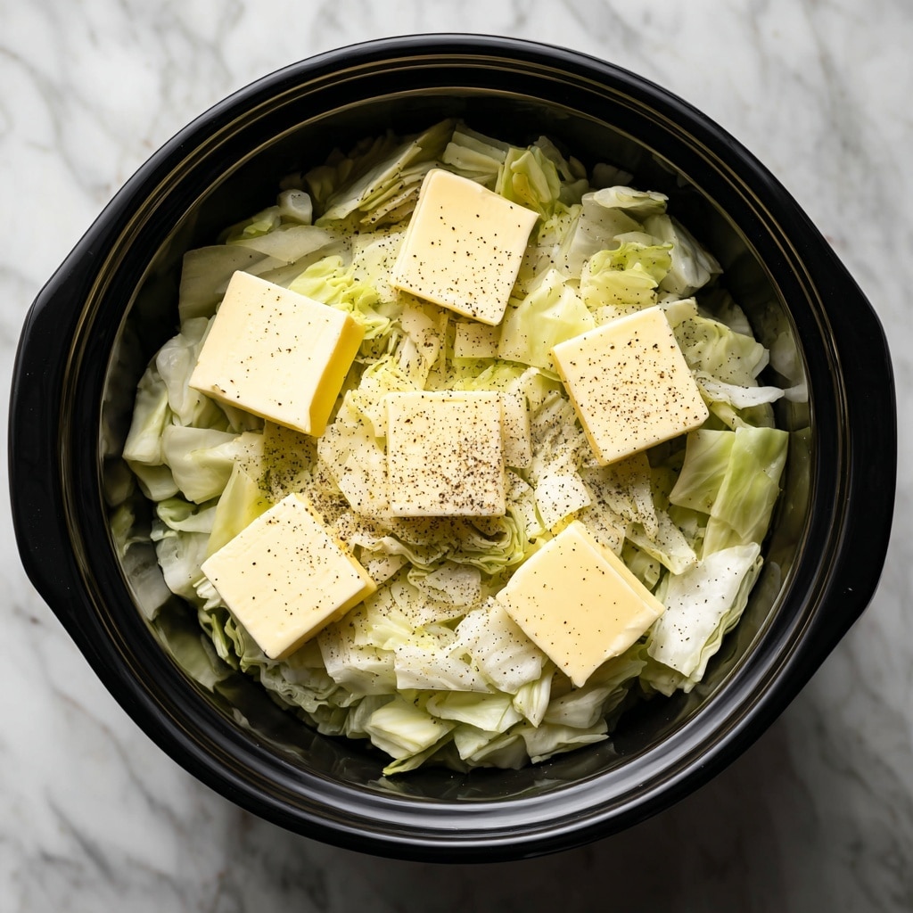 The image shows a black slow cooker filled with shredded pale green cabbage layered evenly across the bottom. On top of the cabbage, there are six square pats of light yellow butter spaced out in a rough circle. The cabbage is sprinkled lightly with small dark specks of ground black pepper, adding slight texture contrast. The black cooker contrasts with the soft colors of the cabbage and butter, while the setting is on a white marbled texture background. photo taken with an iphone --ar 4:5 --v 7