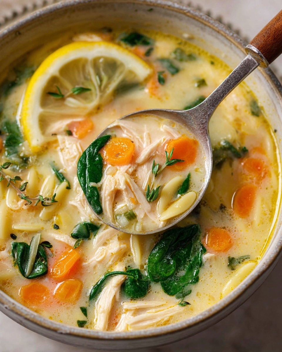 A bowl of creamy chicken soup with visible layers including shredded light brown chicken pieces, orange carrot chunks, small white orzo pasta, dark green spinach leaves, all mixed in a creamy yellowish broth. On top, there is a bright yellow lemon slice garnished with small green herb flakes. The soup is served in a white bowl that has a gray rim, placed on a white plate with a wooden ring pattern around the edge. The background shows a white marbled surface with some fresh green spinach leaves and a small white bowl holding lemon wedges nearby. photo taken with an iphone --ar 4:5 --v 7