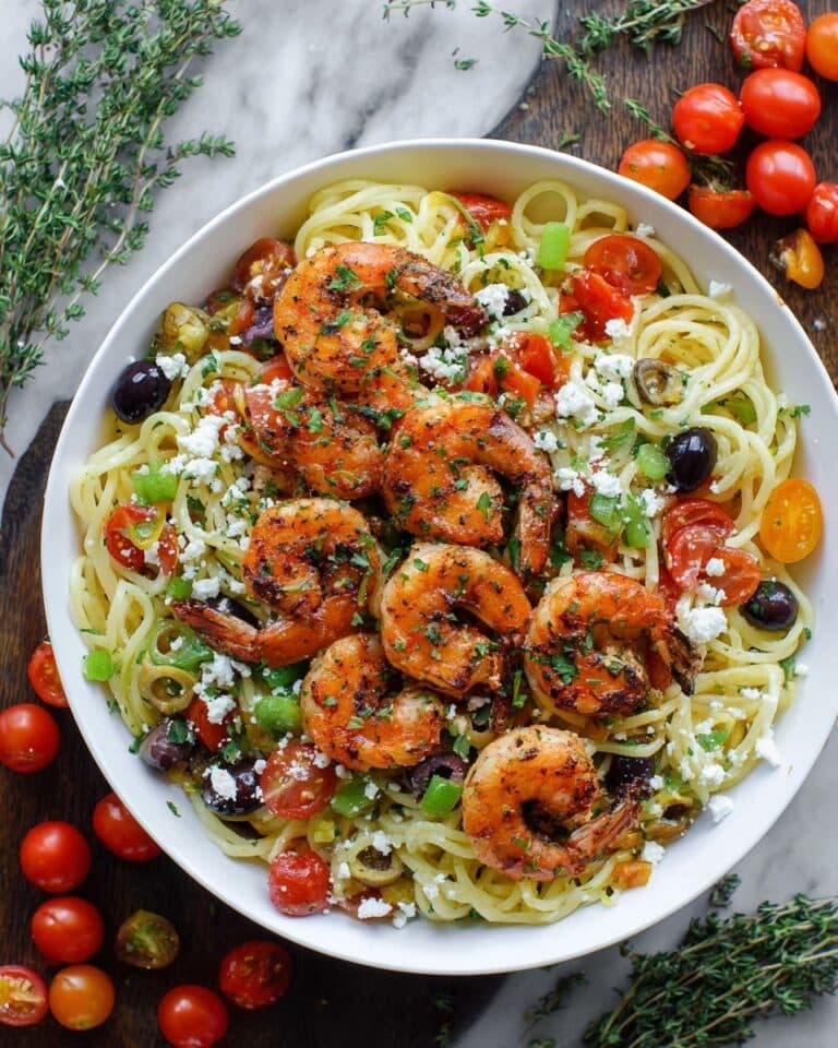 Garlic Shrimp Spaghetti with Cherry Tomatoes and Feta Recipe