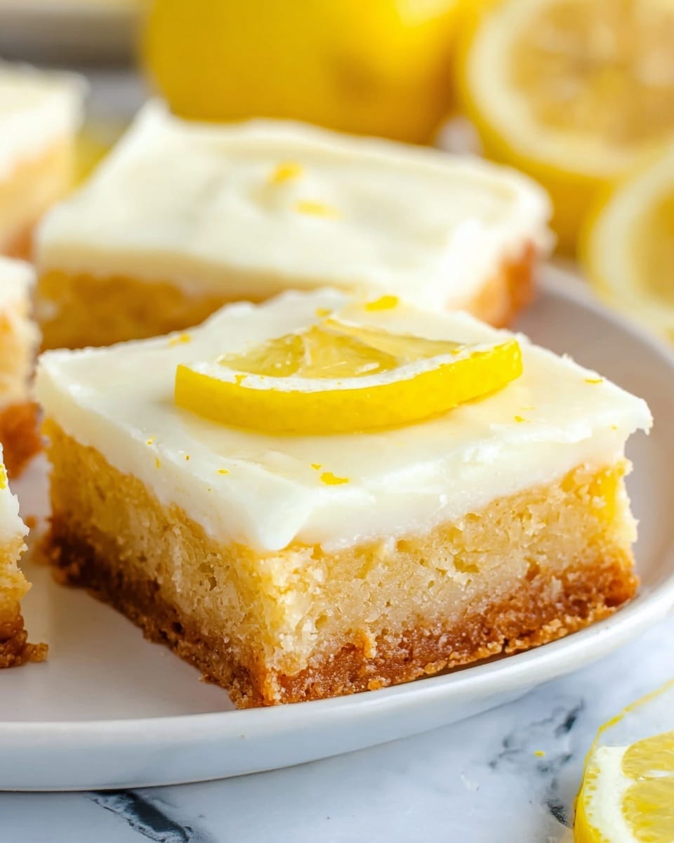 A stack of four square lemon bars is shown against a white marbled texture. Each bar has two layers: the bottom layer is a thick, golden-yellow, soft and dense cake-like base with a slightly crumbly texture, and the top layer is a creamy, pale off-white frosting with subtle ridges and swirls. The top bar has a bite taken out of it, showing the moist crumb inside. The edges of the bars are slightly browned, adding texture contrast. The overall look is rich and moist with a smooth, creamy topping. Photo taken with an iphone --ar 4:5 --v 7