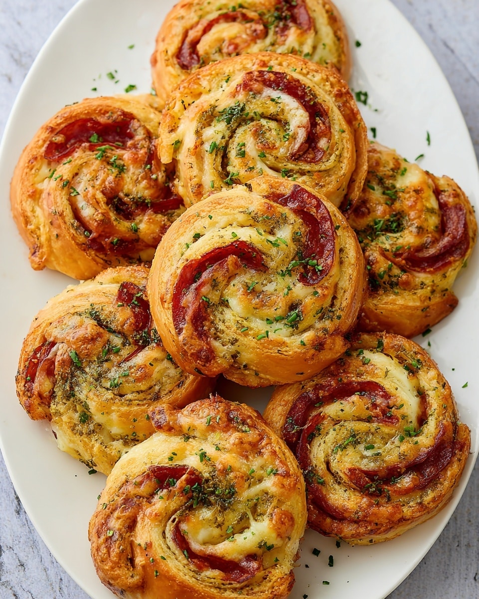 The image shows a white plate filled with eight golden-brown, spiral-shaped pastries. Each pastry has three visible layers: the outer dough is crispy and baked to a light brown color, the middle layer has dark red slices that look like pepperoni, and the inner layer contains melted yellow cheese mixed with herbs, giving some green spots. The pastries are sprinkled with finely chopped green herbs on top, adding a fresh look. The plate is placed on a white marbled texture. photo taken with an iphone --ar 4:5 --v 7