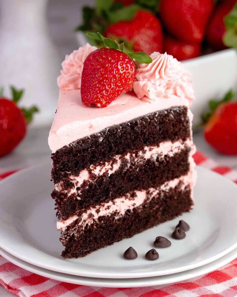 The cake has three layers of dark chocolate sponge, each separated by a thick layer of light pink frosting. The outside is fully covered with the same pink frosting, topped with small pink frosting swirls and fresh red strawberries along the edge. Dark chocolate drips down the sides of the cake, adding contrast. A large slice is cut out and placed on a white square plate in front of the cake, showing the clear layers and topped with a strawberry and a pink frosting swirl. Around the plate are scattered fresh strawberries and chocolate chips on a pink cloth, all set on a white marbled surface. photo taken with an iphone --ar 4:5 --v 7