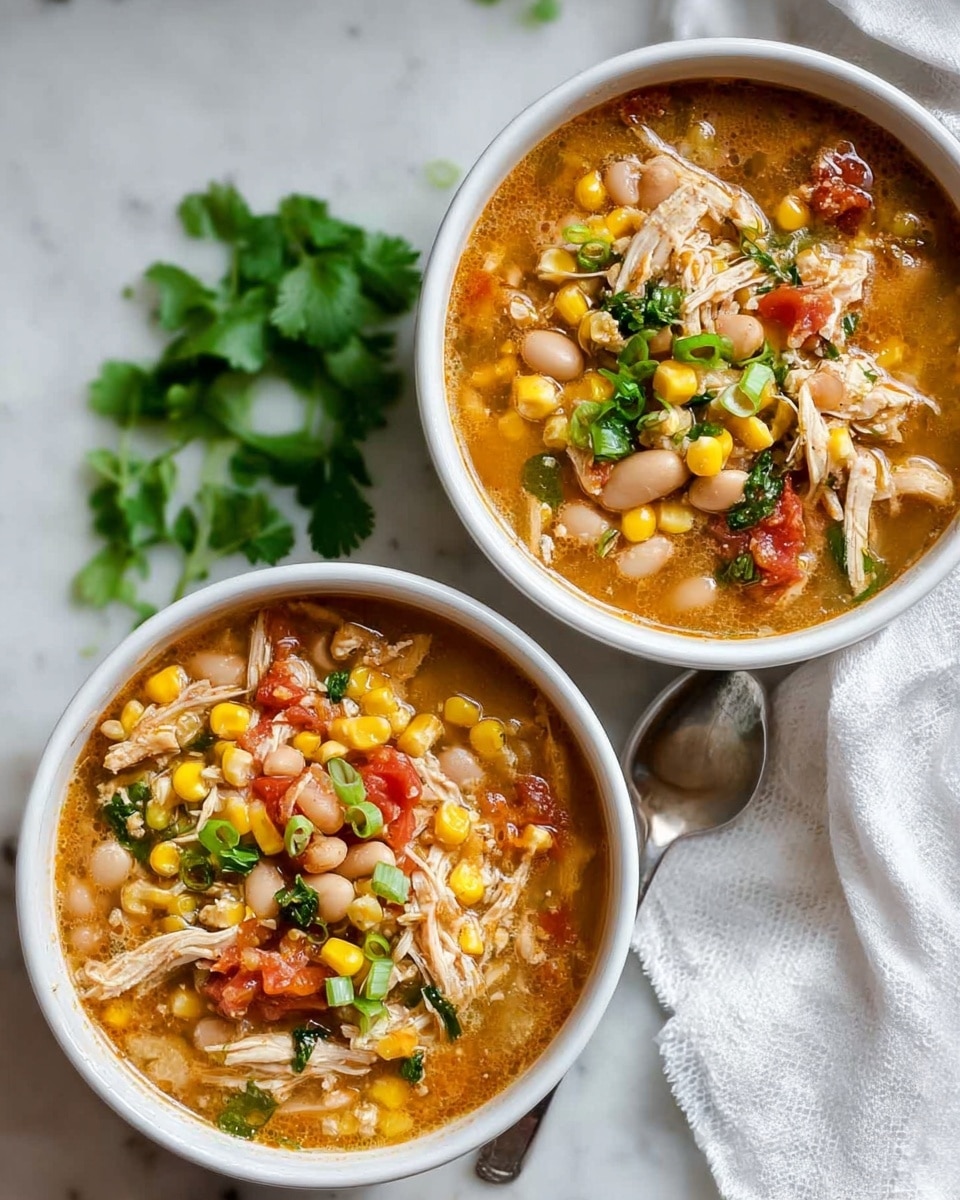 A close-up overhead view of a dark pot filled with thick soup showing three distinct layers: a base layer of chunky white beans and whole corn kernels, a middle layer of shredded light brown chicken mixed with small pieces of red and green bell peppers, and a top layer of fresh bright green cilantro leaves scattered for garnish; a metal spoon is partially submerged on the left side of the pot, and fresh cilantro sprigs are placed nearby on a white marbled surface with a white salt shaker slightly blurred in the background. Photo taken with an iphone --ar 4:5 --v 7