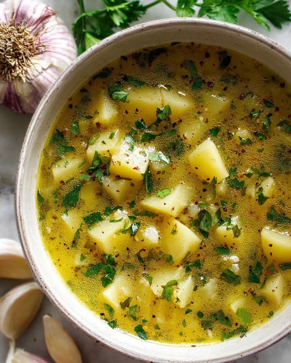 A close-up image shows a ladle filled with clear soup containing chunky pieces of yellow potatoes, small bits of white onion, and sprinkled green herbs like parsley and black pepper flakes floating on top. The soup is inside a red pot with white inside, and the background is a white marbled texture. Two whole garlic bulbs are blurred in the background. The ladle is silver and held just above the pot, showing the broth's transparent, light golden color. photo taken with an iphone --ar 4:5 --v 7