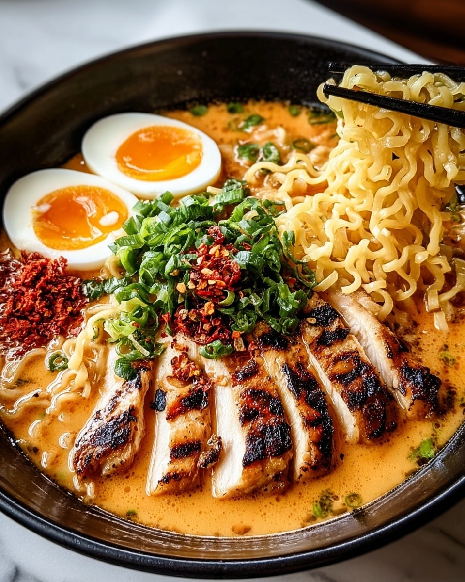 The image shows a black bowl filled with ramen soup placed on a white marbled surface. The bowl contains curly, pale yellow noodles in a rich, creamy orange broth. On the left side, there are four slices of grilled chicken with charred, brown edges stacked slightly overlapping. To the back left, half of a soft-boiled egg with a bright orange yolk and white edges rests partly submerged. In the center of the bowl, there is a pile of fresh chopped green onions topped with red chili flakes. To the left of this, a heap of red chili powder adds a burst of deep red color. A pair of black chopsticks holding a portion of noodles is positioned on the right side, reaching into the bowl. Photo taken with an iphone --ar 4:5 --v 7